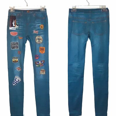 NWT 2 Pair NOBO Cool Look Printed Distressed Denim-Look Leggings w/Patches-M-7-9