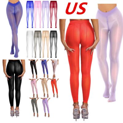 US Womens Pantyhose Stocking Oil Glossy Zipper Crotch Footed Tight Lingerie