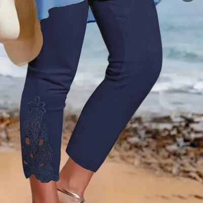 Plus Size Contrast Lace Skinny Leggings, Casual Women's Stretchy Leggings XL