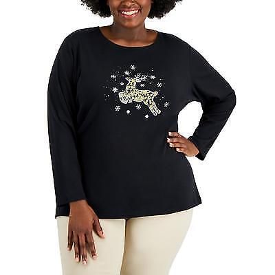 Karen Scott Plus Size Embellished Reindeer-Graphic Top, 4X