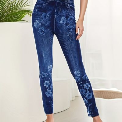 Faux Denim Print Fashion Yoga Leggings, Casual High Elastic Sport Pants,