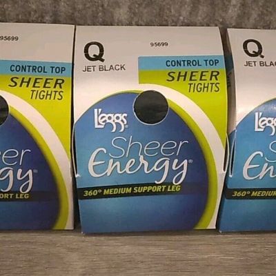 3 Packs L'eggs Sheer Energy Medium Support Q Control Top Tights Jet Black