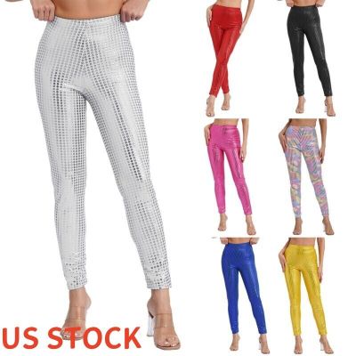 US Womens Sequins Dots Leggings Shiny Metallic Mid Waist Music Festival Trousers