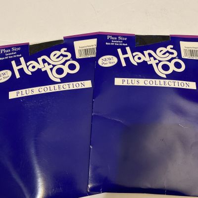 Lot of 2 Hanes Too Plus 3Q Black Pantyhose Nylons Sandalfoot Style E07 Vtg