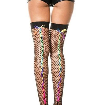 Rainbow Lace Up Fishnet Stockings Pride Festival Ravewear Dancewear Thigh Highs