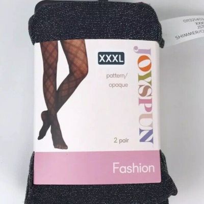 Size 3XL Joyspun Fashion Tights 2 Pk Black Shimmer & Opaque Plum No Bind Waist