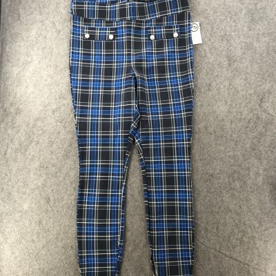 Fashion To Figure Blue Plaid Ponte Legging Faux Pearl Button Design Pants Size 2