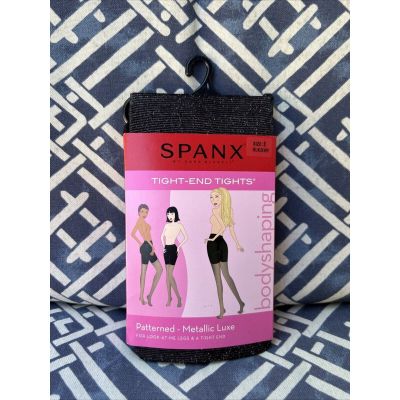 SPANX TIGHT END BODY SHAPING TIGHTS Size E PATTERNED METALLIC LUXE BLACK SILVER