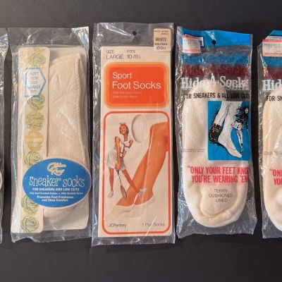 NOS Vtg Sock Lot of 5 New Pairs Low Cut for Sneakers Sport Foot Socks White NIP