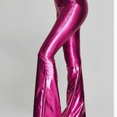 Women's 70s Disco Dance Party Shiny Metallic Flare Leggings, X Large, Hot Pink