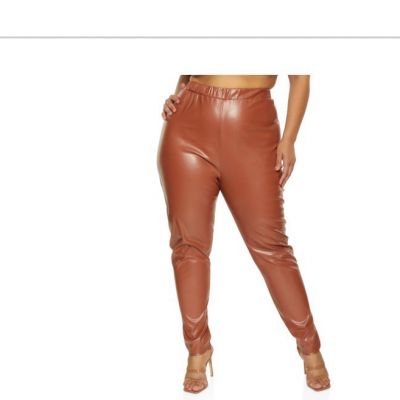 Couture PLUS Size Cognac Fashion Faux Leather High Waist  Pants 2X