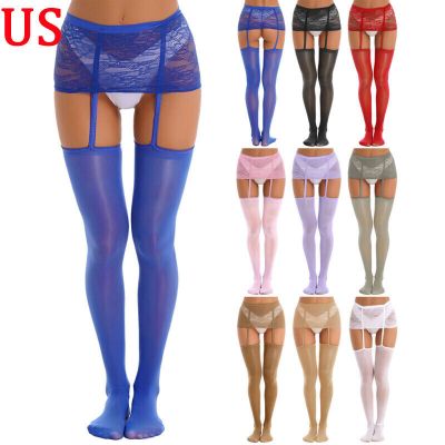 US Women Lingeries Glossy Thigh-High Stockings Miniskirts Garter Belt Pantyhoses