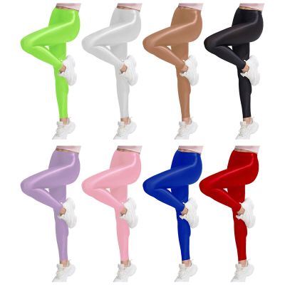 Women Footless Yoga Pants Shiny Oil Elastic Waist Sport Workout Dance Leggings