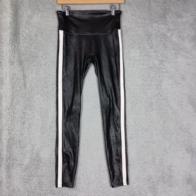 Spanx Sara Blakely Leggings Women Medium Black Stripe Faux Leather Stretch Pants