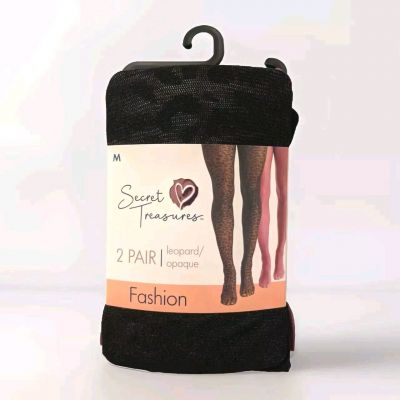 Secret Treasures Women's M Tights Wine Red Opaque & Black Leopard 2 Pk