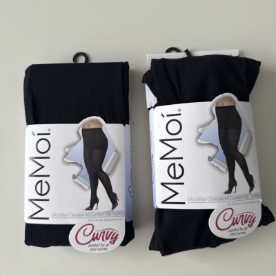 2 PAIRS MeMoi CURVY OPAQUE 60 CONTROL TOP TIGHTS BLACK SIZE 1X-2X