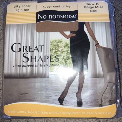 No Nonsense Great Shapes  Pantyhose Beige Mist-Sheer Leg & Toe Size B-BX9-NEW