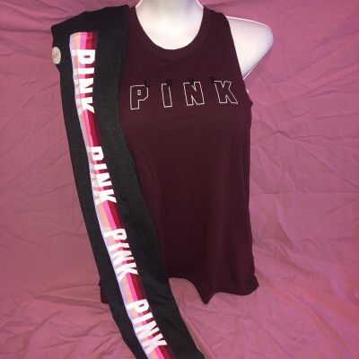 Victoria Secret PINK Maroon Twist Back Tank Bright Rainbow Legging Set M L  New