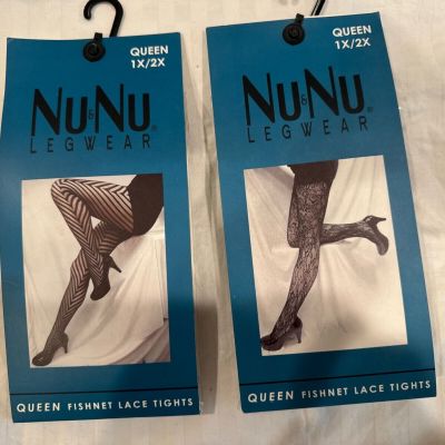 Nunu Legwear Fishnet Lace Tights Black Size Queen 1X/2X Lot of Two Pair