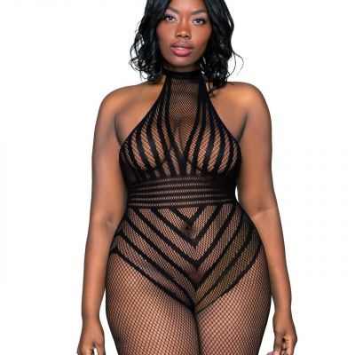 HALTER NECH STRIPED DESIGN OPEN CROTCH FISHNET BODYSTOCKING QUEEN