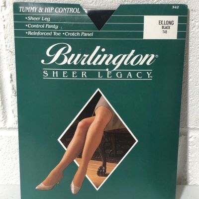 Burlington Sheer Legacy Pantyhose w/Tummy Hip Control Black T48 EX Long NEW USA