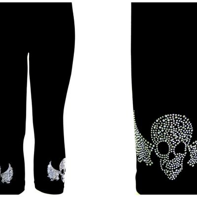 Plus Capri Legging Embellished Crystal Rhinestone Slvr Gothic Biker Skull Wings