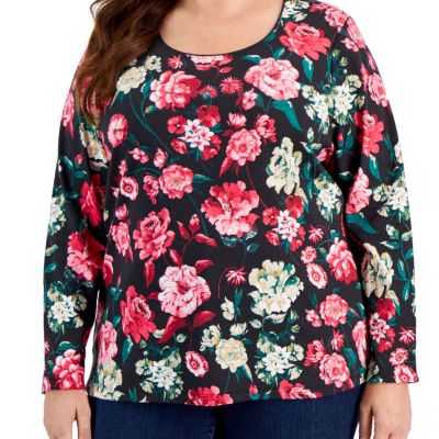 Karen Scott Plus Size Floral Print Scoop-Neck Top, Deep Black 1X