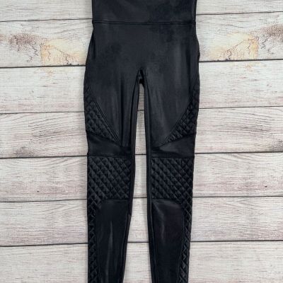 SPANX Faux Leather Moto Style Leggings Women's Small Black Diamond Print