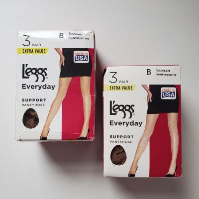 6 Pair L'eggs Everyday Support Pantyhose Size B Suntan Reinforced Toe Nylons