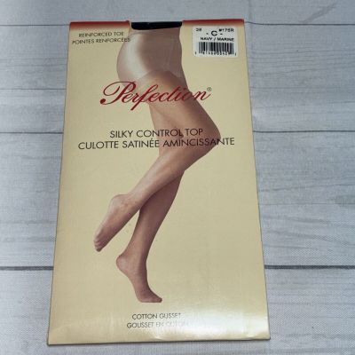 Vintage Perfection Size C Navy Marine Silky Control Top Reinforced Toe Pantyhose