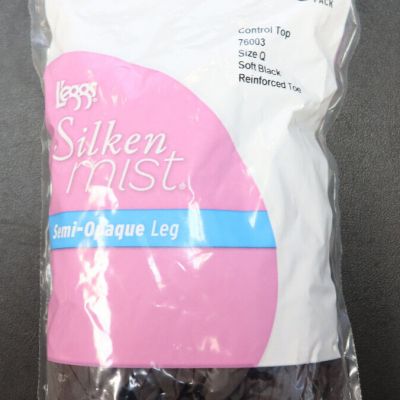 3-Pack L'eggs Silken Mist Control Top Reinforced Toe Pantyhose SOFT BLACK Size Q