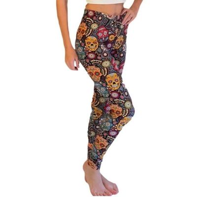 Reg One Size Women Buttery Soft Multicolored Petal Sugar Skull Leggings