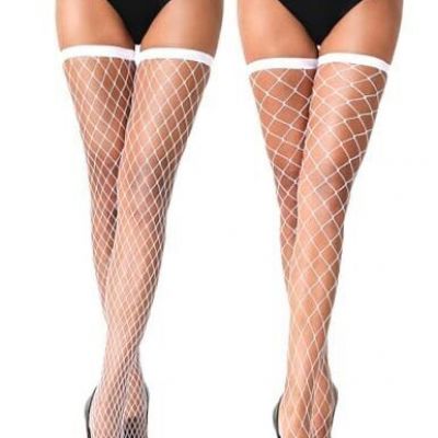 2 Pairs White Fishnet Thigh High Stockings White Over the Knee Pantyhose for