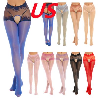 US Womens Open Croch High Waist Pantyhose Oil Glossy Suspender Tights Stocking