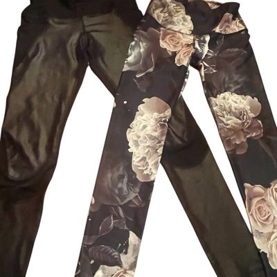 90 Degrees Lot Of 2 New Leggings Shiny Faux Leather Black  And Floral Sz XS New