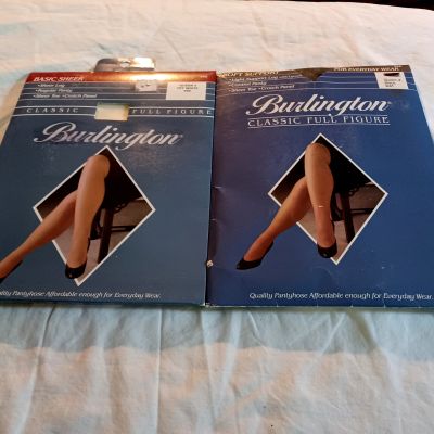 Lot Of 2 Burlington-Classic Full Figure Pantyhose Sheer Queen 3 Off White/Black~