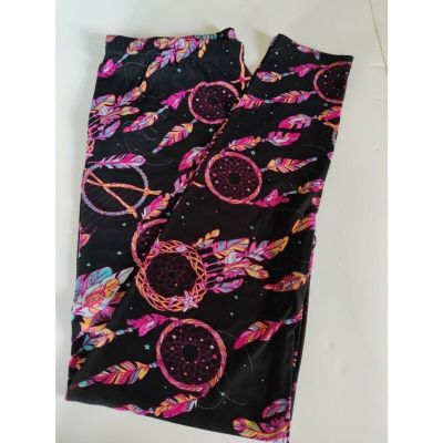 Womens X-Plus Size Buttery Soft Pink Black Dreamcatcher Feather Leggings