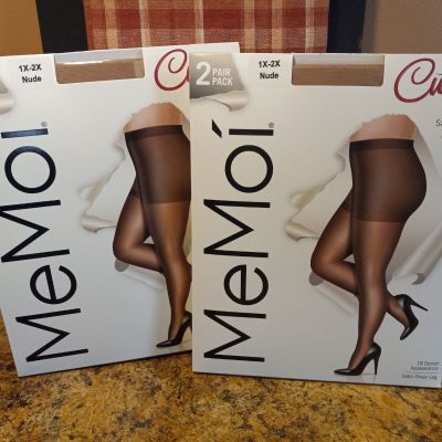 2-Pr Womens Curvy Pantyhose Control Top Satin Sheer 1X-2X 5'1