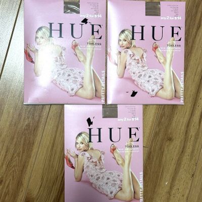 NEW LOT OF 3 Hue Sz 2 toeless Control top Tan pantyhose Sheer Leg lace panty