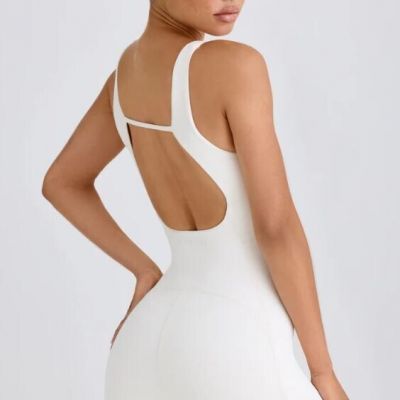 Bo+Tee Women's Soft Active Open-Back Sleeveless Unitard in White Size Small