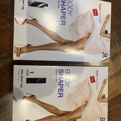 2x Hanes Body Shaper Pantyhose Q Style Essentials Black Silky Sheer Leg Sheer