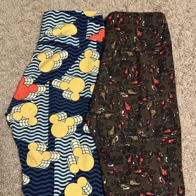 Two Pair LuLaRoe OS Leggings, Disney Mickey & Vintage Cars, Excellent Condition