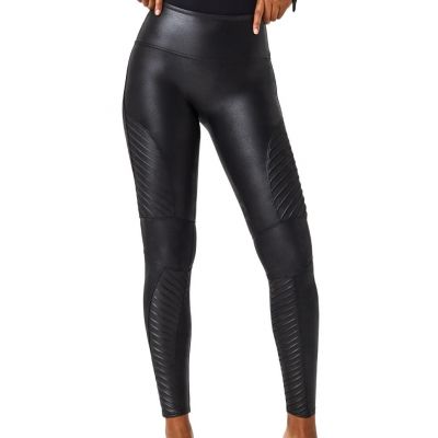 Spanx Faux Leather Moto Leggings Pleated Contoured Power Waistband Black Medium