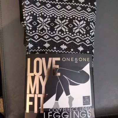 NWT - ONE 5 ONE COZY FLEECE LINED LEGGINGS - WOMEN'S L/XL Grey White Snowflakes