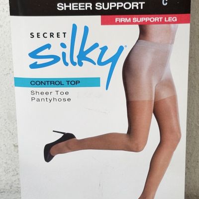 Secret Silky Control Top Sheer Support Pantyhose Jet Black Size C NEW