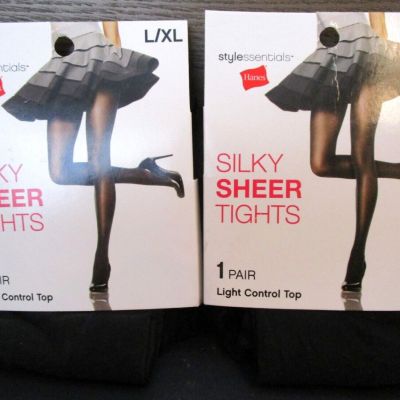 Lot of 2 Hanes Style Essentials Silky Sheer Tights Light Control Top Black L/XL