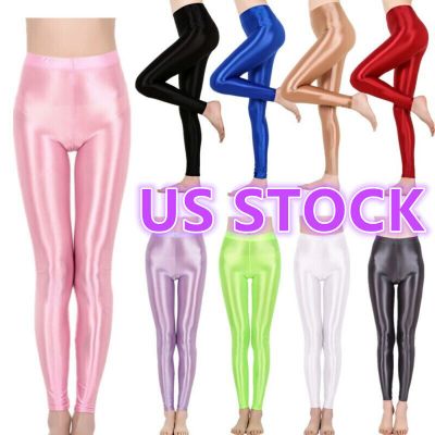 US Women's High Waist Yoga Pants Tummy Pantyhose Shiny Oil Sport Footless Tights