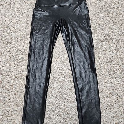 SPANX Women’s Black Faux Leather Leggings Large High Rise Stretch