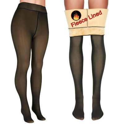 Thermal Fleece Lined Tights Women's Sheer Look Warm Winter Pantyhose in Black