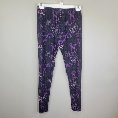 Purple Awareness Ribbon and Butterfly Print Polyester Spandex Ankle Leggings OS